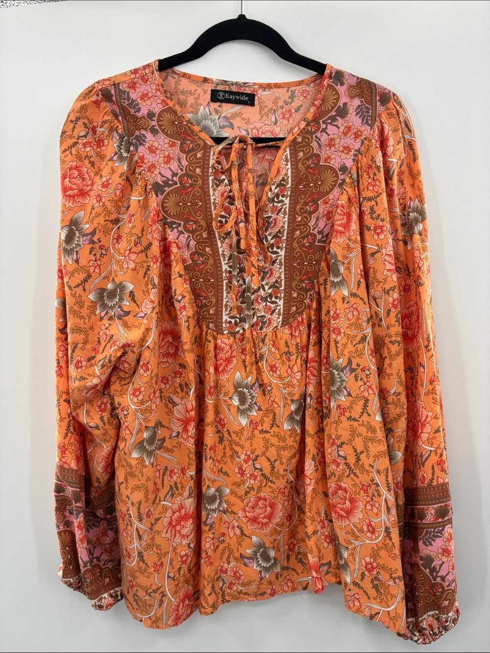 Kaywide Orange Floral Boho Tunic with Tie Front size Large